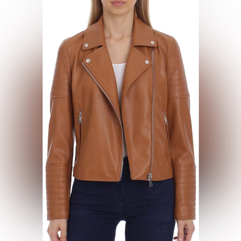 Avec Les Filles Classic Faux Leather Biker Moto Jacket in Cognac Size Medium